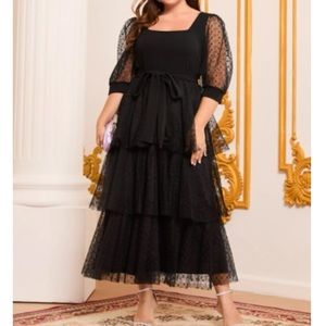 Plus size luxe polka dot square neck mesh layered hem belted party formal dress